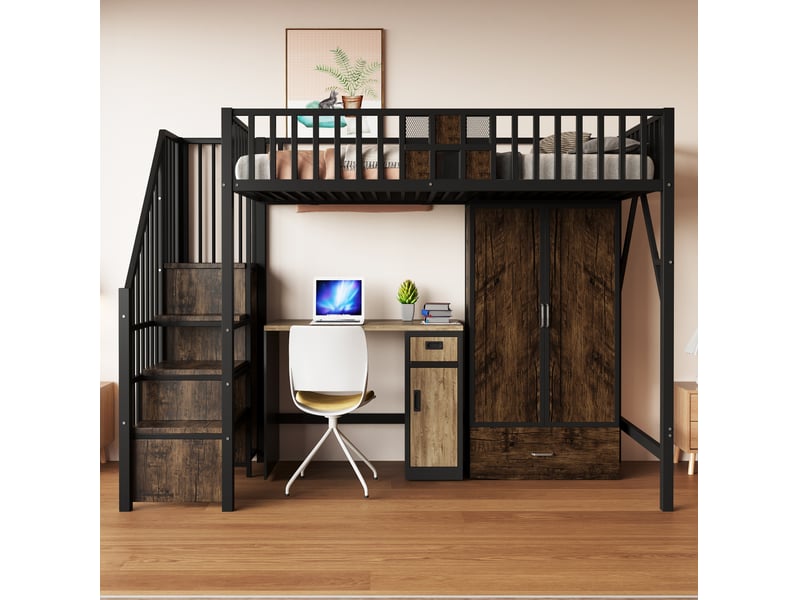  Lit mezzanine 90x200 cm avec armoire, tiroirs et échelle de rangement noir  - Conforama B