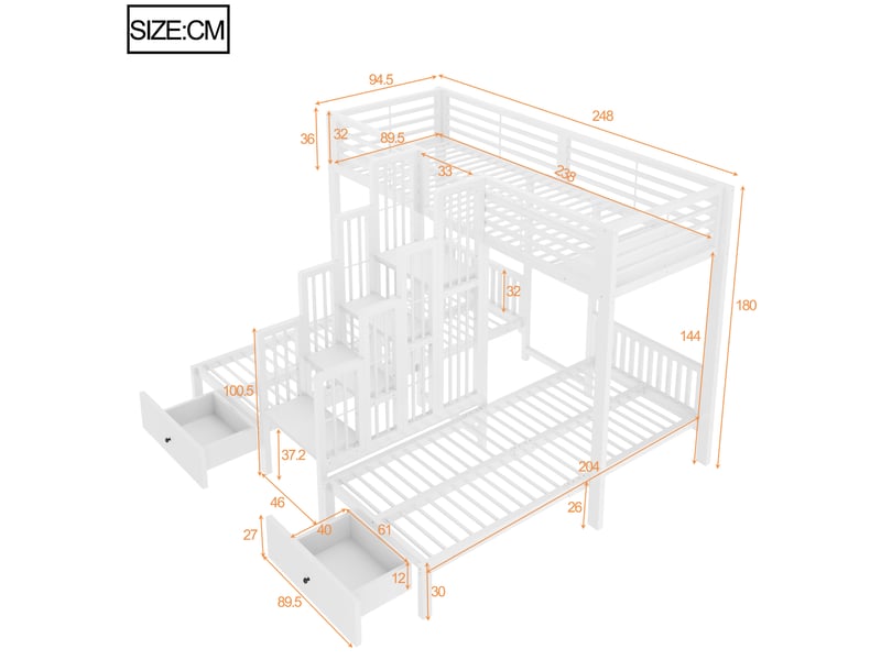Lit superposé 3 places 90x200 cm avec escalier et tiroirs, blanc - Conforama C