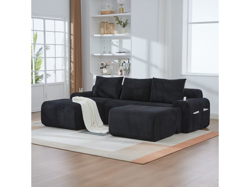 Canapé droit en velours côtelé noir, 3 places, 268 cm, modulable W2845S00257 - Conforama B