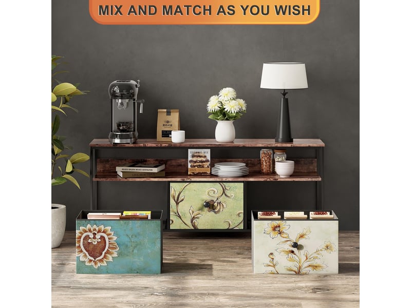  Meuble tv multimédia avec led - buffet led - design rétro chic - tiroirs en tissu imprimé - 137cmx30x57cm - marron  - Conforama C
