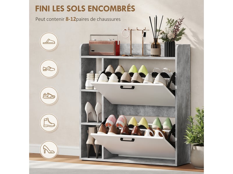  Meuble à chaussures 15 paires, armoire à chaussures moderne avec 2 tiroirs rabattables, 83x24x90,5cm, blanc et gris  - Conforama E