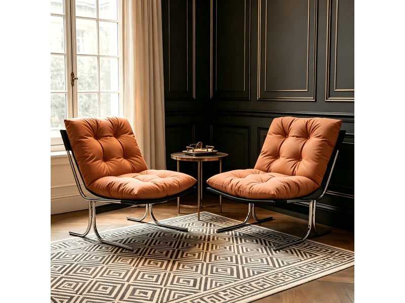  Fauteuil lounge marron en simili, housse amovible, pieds en métal, style barcelona  - Conforama B