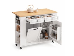 Îlot de cuisine mobile avec plateau rabattable, rangements et prises, en mdf et pb blanc et naturel, 120×40–70×92 cm
