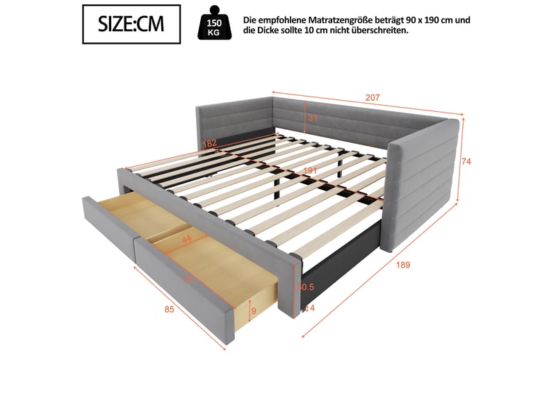  Lit gigogne 3-en-1 90x190 cm, lit 2 places et enfant, avec tiroirs, banquette, design moderne, mdf, gris, sans matelas  - Conforama C