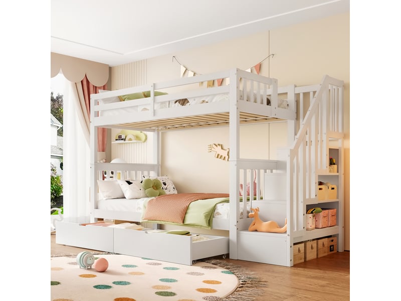  Lit superposé enfant 90 x 200 cm blanc avec escalier-rangement et 2 tiroirs  - Conforama D