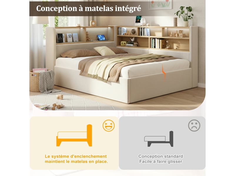  Lit de jour 140x200 cm avec rangement hydraulique, lit rembourré, canapé-lit avec led, port usb et dossier, velours beige  - Conforama E