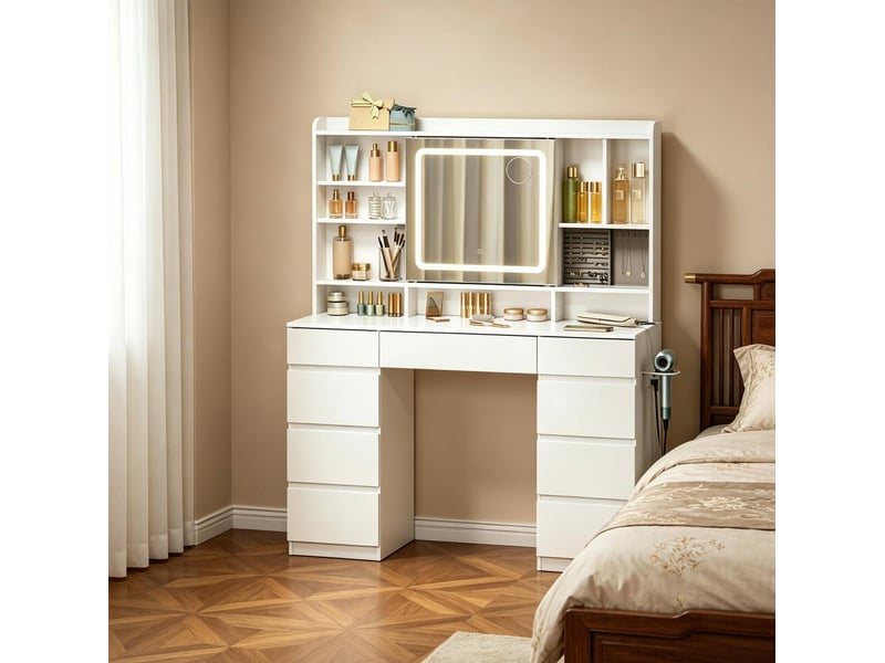  Coiffeuse 110x40x140 cm blanche en bois d'ingénierie et verre, miroir coulissant avec éclairage led  - Conforama D