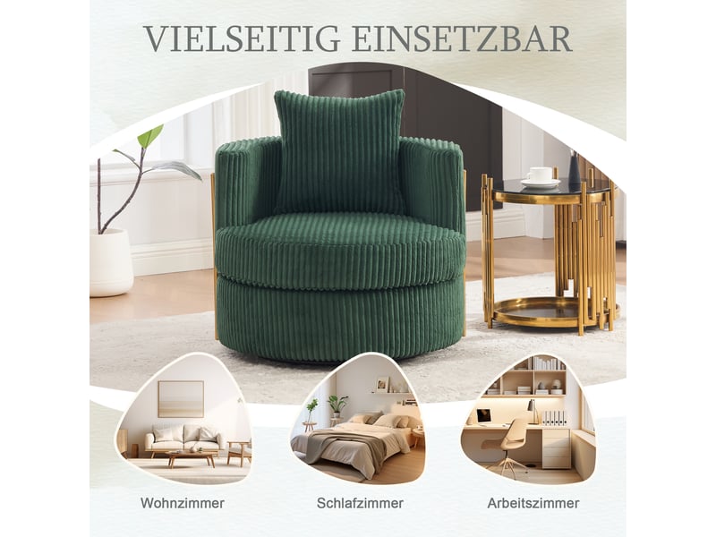 Fauteuil pivotant 360 degrés en velours côtelé vert émeraude, fauteuil une place pour salon ou chambre, rangement intégré  - Conforama C