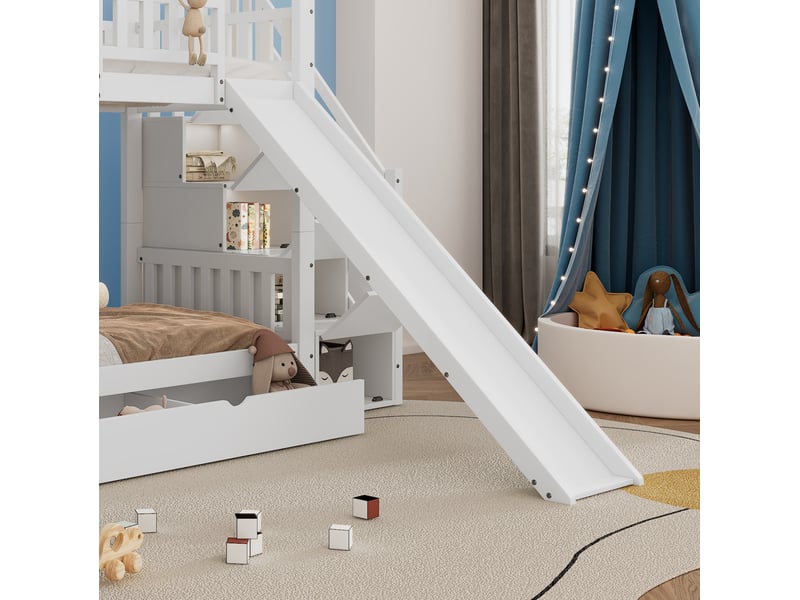  Lit superposé maison 90x200 cm x2, escalier avec rangement, tiroirs, toboggan inclus, bois mdf, blanc sans matelas  - Conforama E