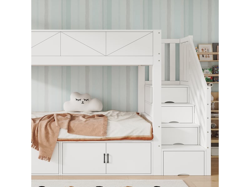  Lit superposé enfant 90x200cm en bois et mdf blanc, marches coffres, casiers, barrière haute et panneaux  - Conforama D