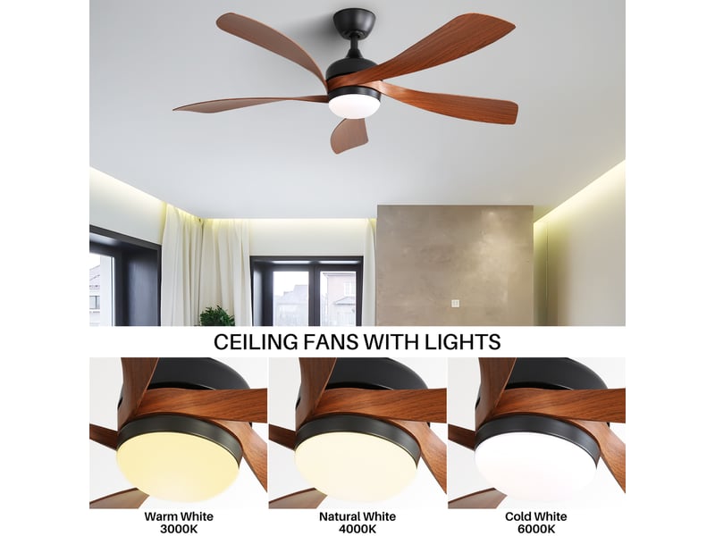 Ventilateur de plafond noir 52 pouces avec lumière led dimmable, moteur dc silencieux réversible et télécommande, 5 pales abs - Conforama D