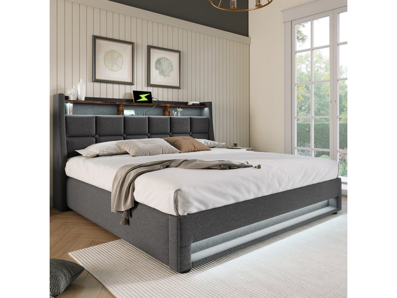  Modenvie lit coffre 180x200 cm - avec led, ports usb et rangement intégré, sans matelas - gris  - Conforama E