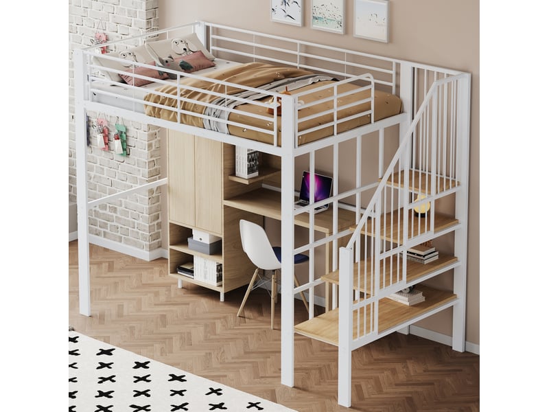  Lit mezzanine 140x200 cm, escalier sécurisé, rangement sous le lit spacieux, métal robuste, bois et métal, blanc sans matelas  - Conforama E