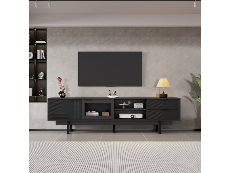  Meuble tv moderne et épuré 200 x 40 x 50,5 cm, doté de 2 portes et 2 tiroirs. Ce meuble offre un grand espace de rangement, supporte une charge totale de 45 kg et convient aux téléviseurs jusqu'à 80 pouces. Couleur : noir.  - Conforama E