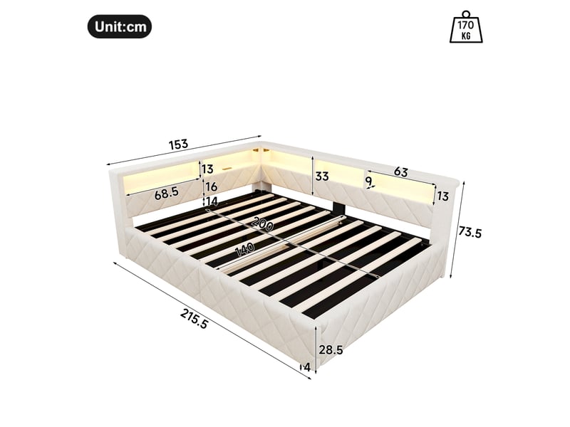 Canapé-lit coffre 140 x 200 cm - avec bande lumineuse led - avec port usb - beige (matelas non inclus)  - Conforama C