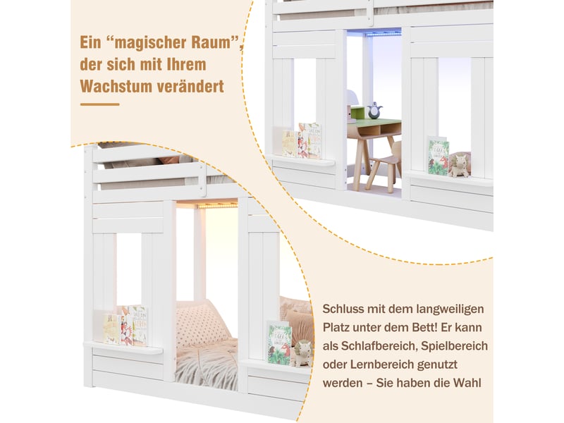 Lit mezzanine 90x200 cm avec led et échelle de rangement, lit cabane enfant avec barrière de sécurité, finition blanc bois, sommier à lattes inclus - Conforama C