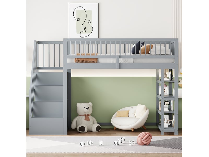 Lit mezzanine enfant 90x200 cm – gris – armoire, rangements, étagères et échelle sécurisée, sans matelas - Conforama B