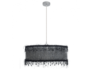 Suspension ABRILA Hilos 1 lumière E27 noire, abat-jour textile à passementerie Ø50 cm, hauteur réglable 40-100 cm, style vintage