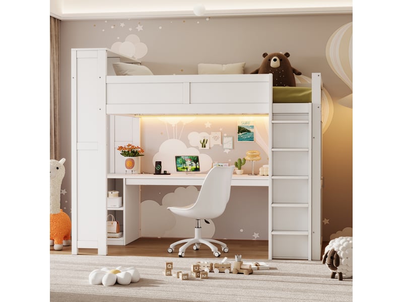  Lit mezzanine 90x200 cm avec bureau, rangement, armoire, usb et led, blanc, sans matelas  - Conforama B