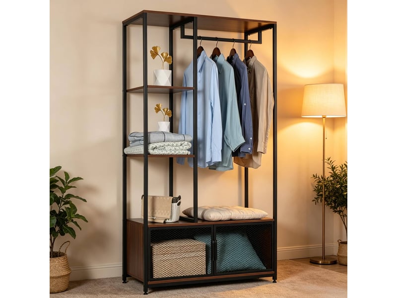  Portant à vêtements ouvert 90x40x167 cm avec étagères en métal et mdf, noir  - Conforama B