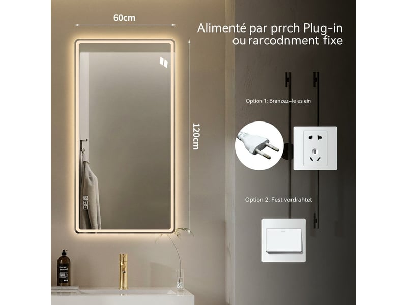  Miroir salle de bain led 60x120cm sans cadre, double éclairage, tactile, 3000k-6000k, anti-buée, verre hd sans cuivre  - Conforama D