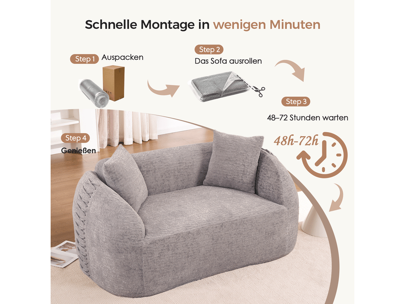  Canapé 2 places en chenille 155x90 cm, canapé courbé modulable avec accoudoirs tressés, coussins inclus, sofa compact sans montage - gris  - Conforama D