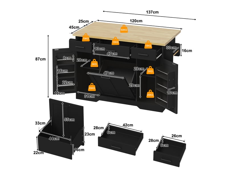 Desserte de cuisine avec plateau rabattable, rangement, poubelle intégrée et roulettes, mdf noir, 120 × 45 (70) × 87 cm - Conforama D