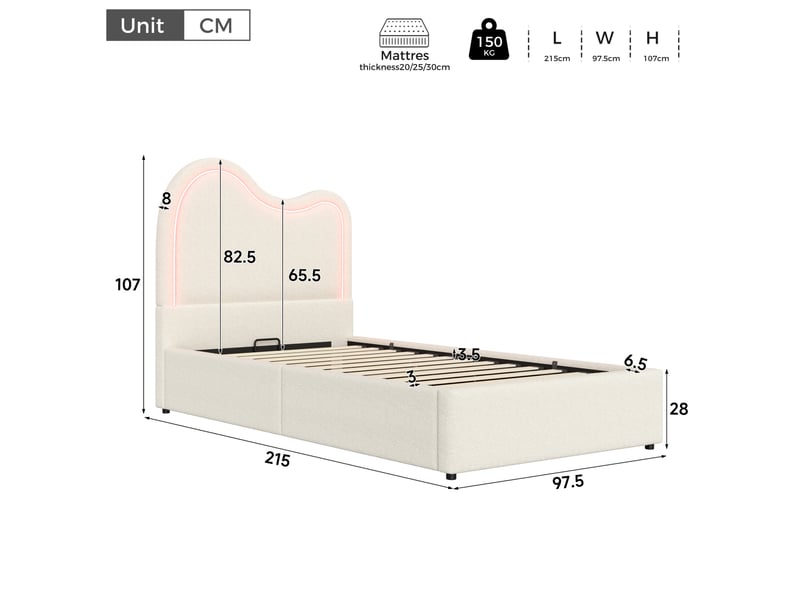  Lit enfant 90x200 cm en bouclé blanc avec rangement hydraulique et sommier  - Conforama C