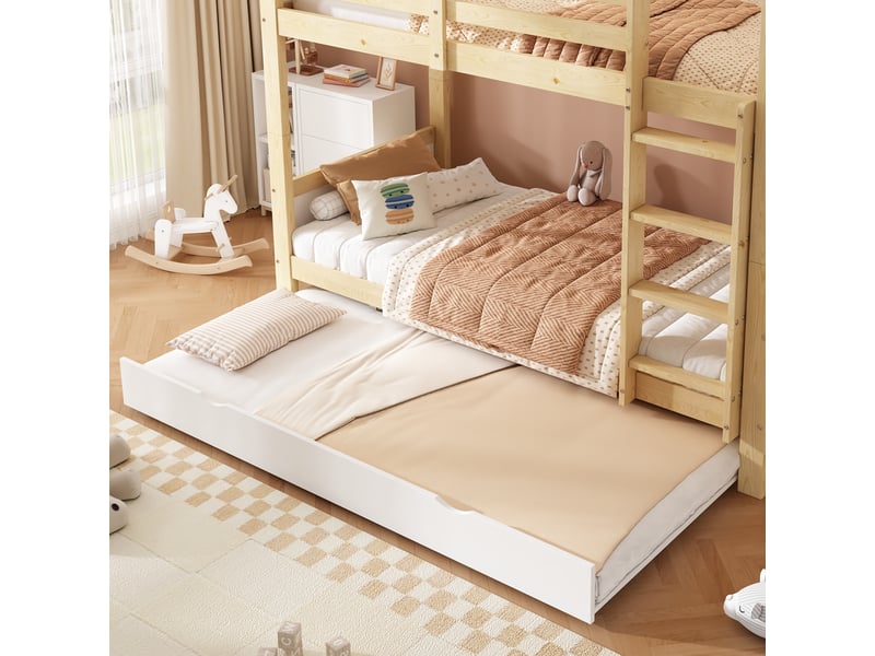  Lit superposé cabane enfant blanc et naturel 2 x 90 x 200 cm avec lit gigogne 90 x 190 cm, échelle et garde-corps  - Conforama E