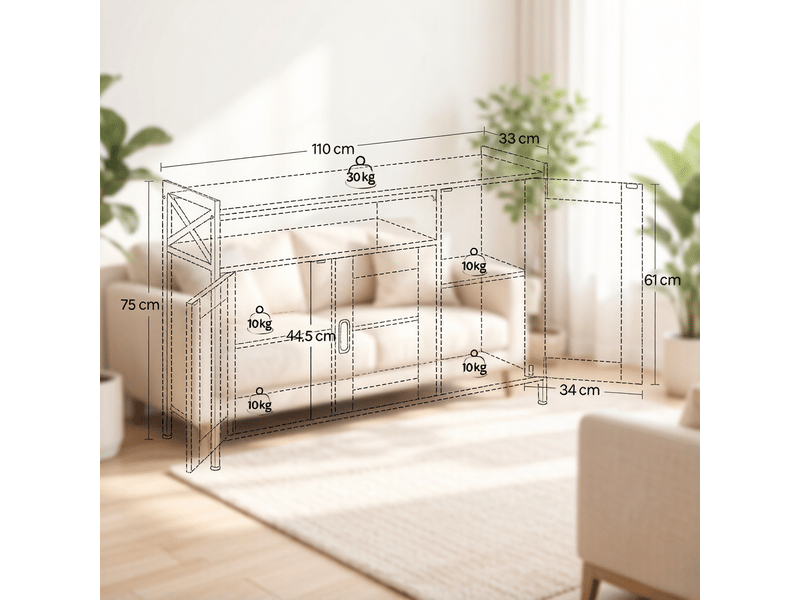  Buffet avec 2 portes, niche ouverte et étagères réglables pour cuisine 110×33×75 cm marron  - Conforama D