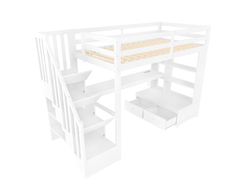  Lit mezzanine 90x200cm avec bureau et étagères, 2 tiroirs intégrés, escalier de rangement, blanc  - Conforama E
