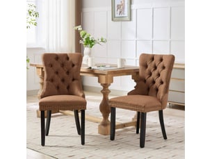 Lot de 2 chaises de salle à manger en tissu lin marron, dossier haut, pieds en bois, de6801cf