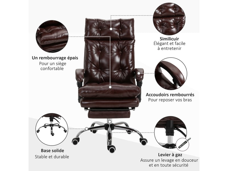  Fauteuil de bureau ergonomique marron avec repose-pieds escamotable, dossier inclinable à 135°  - Conforama W