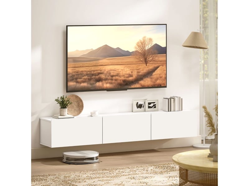  Meuble tv suspendu mural blanc – 180 cm – 3 rangements abattants – panneau de particules  - Conforama C
