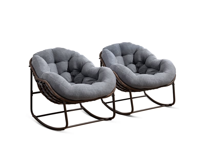  Cocon - lot de 2 fauteuils à bascule en rotin naturel – forme œuf et coussins gris – confortable pour salon, véranda ou chambre  - Conforama A