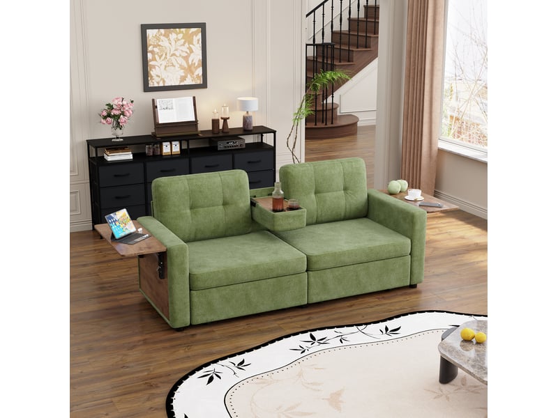 Canapé 2 places avec 2 tiroirs et tablettes réglables en chenille verte - Conforama W