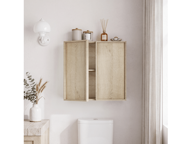  Meuble de salle de bains mural 60x21,6x58 cm, 2 portes, sans poignées, mdf et panneaux de particules, chêne  - Conforama B