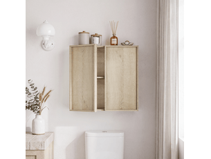 Meuble de salle de bains mural 60x21,6x58 cm, 2 portes, sans poignées, mdf et panneaux de particules, chêne