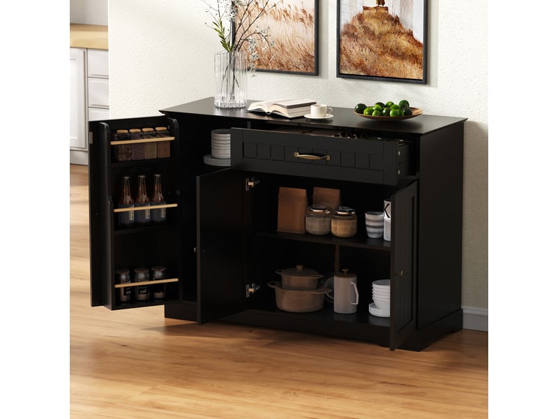  Buffet 3 portes et tiroir avec étagères réglables pour entrée et salle à manger en mdf noir  - Conforama B