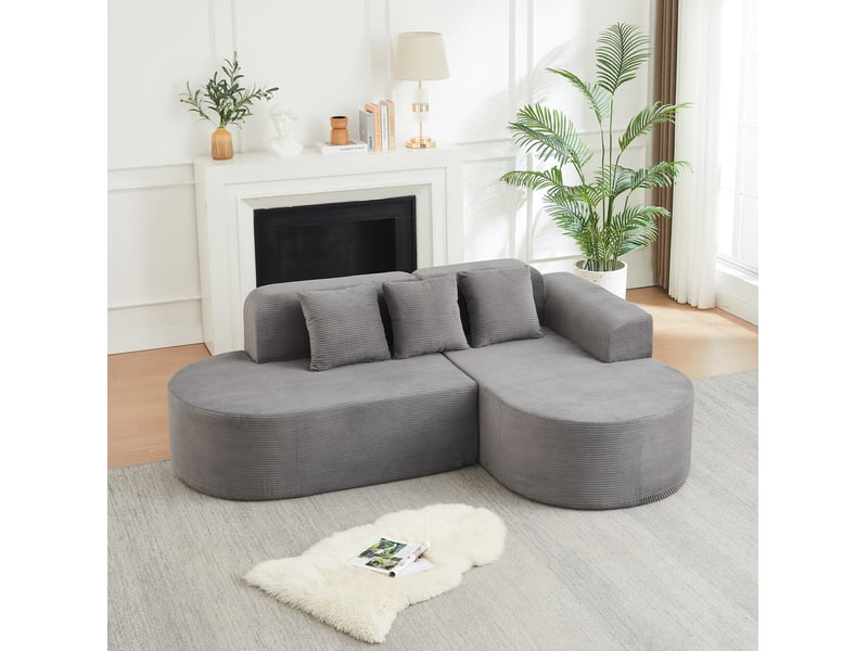  Canapé d'angle modulaire 4 places à méridienne, dossier incurvé et 3 coussins en velours côtelé gris  - Conforama B