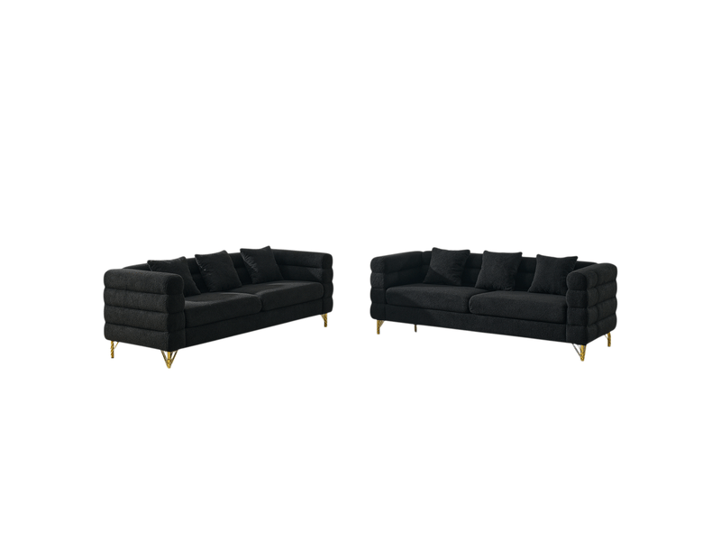 Canapé nuage noir en tissu bouclette, 205,7 x 81 x 71 cm, pieds en métal doré, coussins décoratifs, dossier ondulé - Conforama A