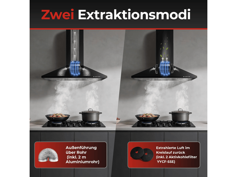 Hotte aspirante murale inox 60 cm, hotte de cuisine avec filtre à charbon, évacuation ou recyclage, éclairage led - Conforama E
