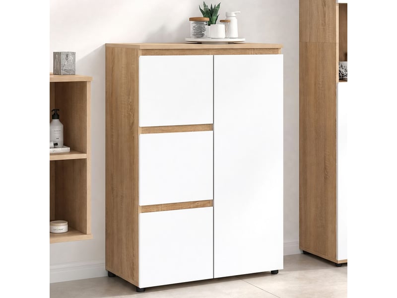  Meuble de rangement salle de bain tomi 3 tiroirs avec placard façon hêtre et blanc  - Conforama B