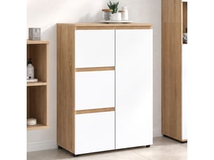Meuble de rangement salle de bain tomi 3 tiroirs avec placard façon hêtre et blanc