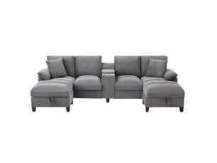 Canapé panoramique en u 4 places 293x142 cm – gris – rangement, usb et porte-gobelets en acier inoxydable