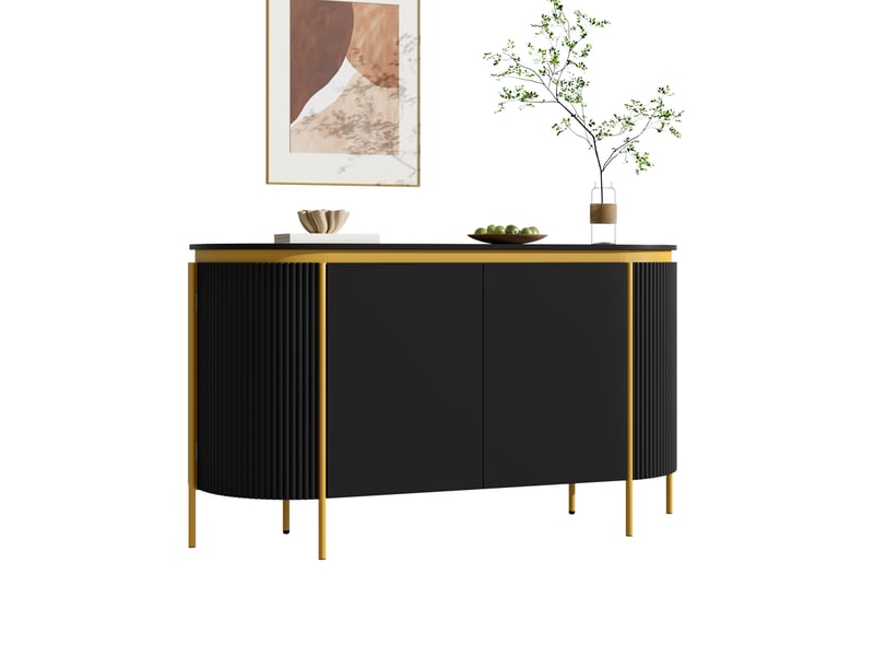 Buffet 4 portes 140x38x80cm ,façades rainurées, extrémités ovales, étagère et passe-câbles, mdf avec pieds métal,noir evarich - Conforama A