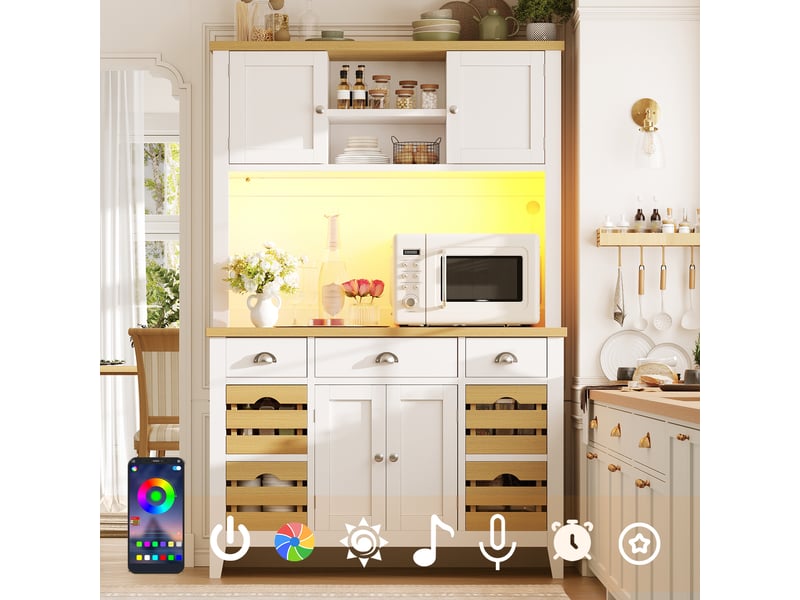  Armoire haute blanche avec led rgb, portes soft-close et étagères réglables  - Conforama D