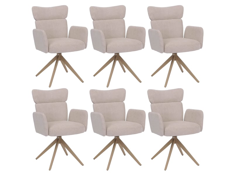  Lot de 6 chaises de salle à manger pivotantes à 180° avec retour automatique et accoudoirs tissu bouclé beige et fer aspect bois 04_0008818  - Conforama A