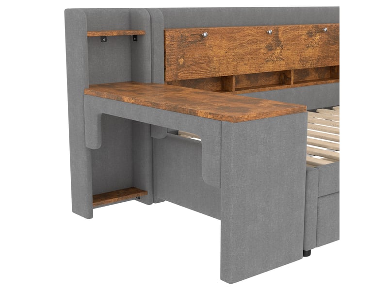 Lit banquette 90x200 en lin gris, lit canapé avec bureau modulable, 2 tiroirs et ports usb type c  - Conforama W