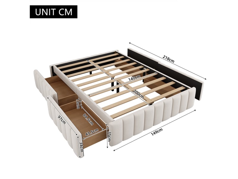 Lit capitonné 140 x 200 cm sans tête de lit, sommier à lattes, sans matelas, beige, velours  - Conforama B